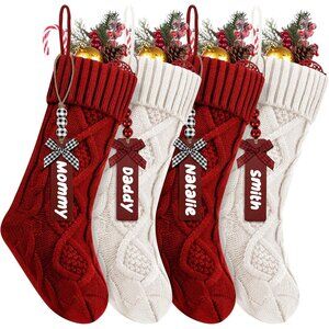 4Pack Personalized Christmas Stockings with Wooden Name Tags, 18 inches Xmas Cab